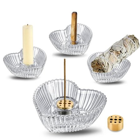 Hvidt glas hjerte røgelsesholder sæt med 2, elegant pindbrænder med askefanger, perfekt til salvie & Palo Santo
