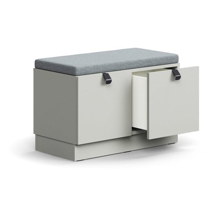 Oppbevaringsbenk QBUS, med grå pute, 2 skuffer, sokkel, rett håndtak, H534 B800 D420 mm, svart, lys