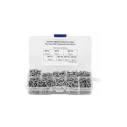 Valikoima 500 kpl M3 itseporautuva ruuvisarja, Phillips-nappi litteäkantaiset puuruuvit muovilaatikossa (ruostumaton teräs)