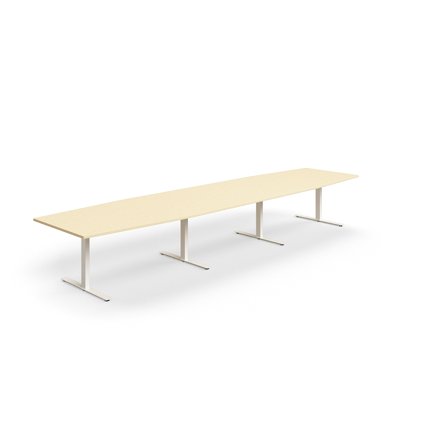 Konferenztisch QBUS, Bootsform, 4800x1200 mm, T-Gestell, weiß/birke