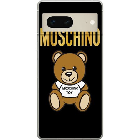 Kompatibelt Mobilskal till Google Google Pixel 7 Moschino-inspirerad nallebjörn med text på tröjan, centrerad mot svart bakgrund med tydlig mode- o