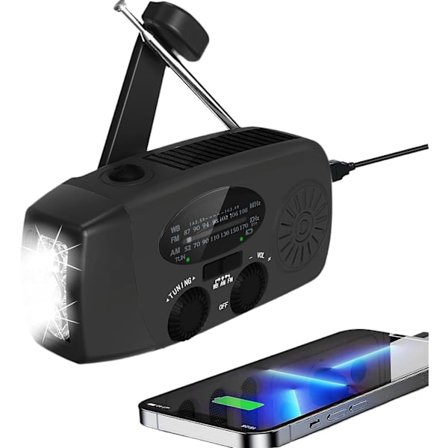 Väderradio, Solradio, Nödladdningsradio med Handvev, Självdriven AM/FM Solcellsväderradio med LED-ficklampa, WB-radio