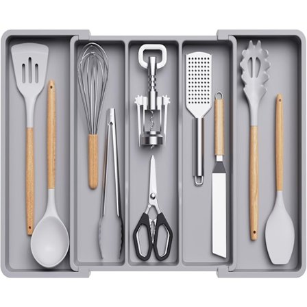 Kjøkkenskuffe plast bestikkorganisator, redskapsholder og oppbevaringsdeler for kjøkkenverktøy og -dingser.