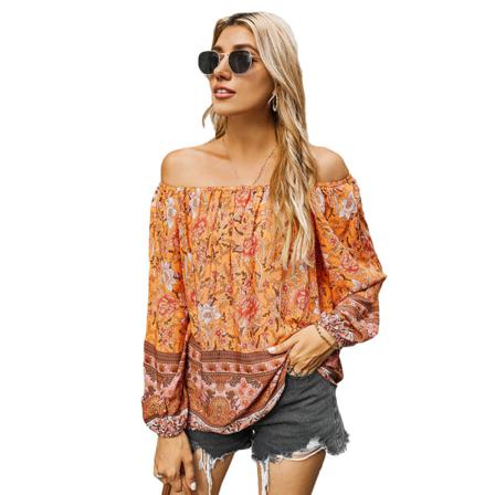 Sommar Print Axelbandslös Blus Kvinnor Printed Sexig Off Sho