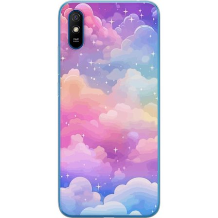 Kompatibelt Mobildeksel til Xiaomi Redmi 9A Søt enhjørning med regnbuefarget hår mot en stjernebelagt pastellbakgrunn i kawaii-stil