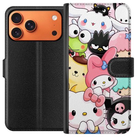 Kompatibelt Lommeboketui til Apple iPhone 17 Pro Max Tett mønster av søte figurer med store øyne i ulike farger og uttrykk med LABUBU-tekst