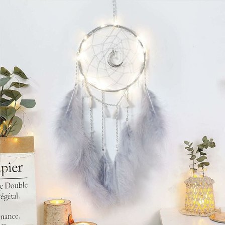 Liten drömfångare med LED-ljus, handgjord fjäderdrömfångare, drömfångare väggdekor, heminredning - 15 tum diameter, 48 tum längd (grå)