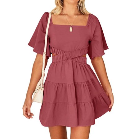 Kvinnor med fyrkantig hals, kortärmad crossover-miniklänning