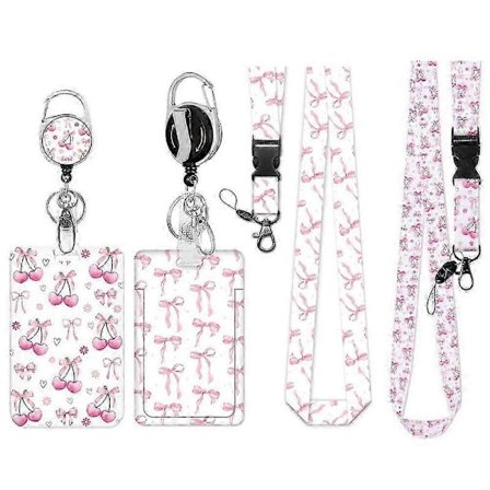 2-pack Rosa Rosett Körsbärstryck Nyckelband med Utdragbar ID-brickhållare & Clip