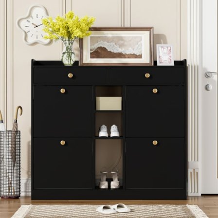 Skoskab 110x100cm med 4 klaplåger, 2 skuffer & 3 åbne rum, elegant sort til entre