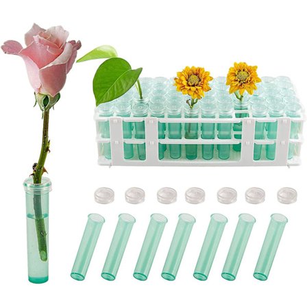 60 kpl 7,1 cm:n muovisia vesiputkia ja 60-reikäinen teline kukille, kukka-astioita korkilla koristeluun, kukka-asetelmiin, silkkiyrttipistokkaisiin