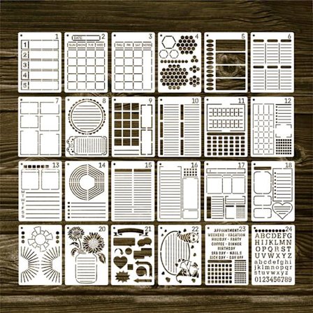 Dotted Journal Planners DIY skabeloner Ultimate Productivity Journal Stencil til kalendere Lister Bogstaver Tal 24 stk.