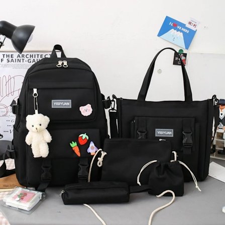 5 KPL / SET Reppu Koulureppu MUSTA