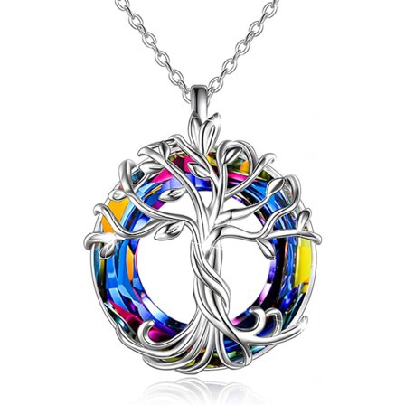 Damhalsband i sterlingsilver med livets träd, present till mors dag, kristallsmycke, present till damer och flickor, mors dag, jul (silver)