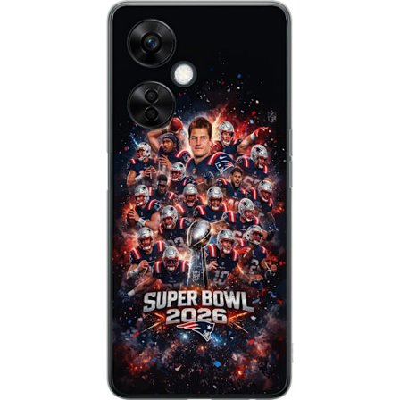 Kompatibel Mobilcover til OnePlus Nord CE3 Super Bowl 2026 plakat med New England Patriots og NFL-pokal i eksplosiv sportsdesign