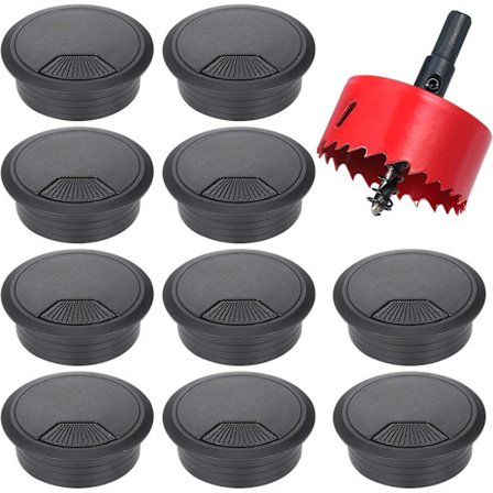 10-pack skrivbordskabelgenomföring, 60 mm kabelgenomföring med 1 hålsåg, svart