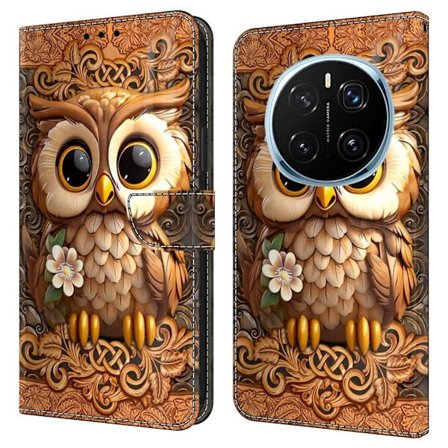 Honor Magic7 Pro 5G-etui med kortspormønster trykt fleksibelt + vegansk flip-telefondeksel i lær - Rød Ugle