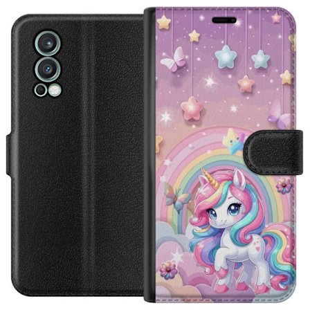 Kompatibel Tegnebogsetui til OnePlus Nord 2 5G Magisk enhjørning med regnbue manke, stjerner og sommerfugle mod en pastelfarvet himmel med skyer
