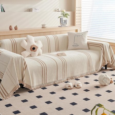 Vändbara Chenille Överdrag för Loveseat Soffa Beige Kaffe Soffskydd för 2-Sits Soffa, 180x300 cm - A1 (vertikala ränder)