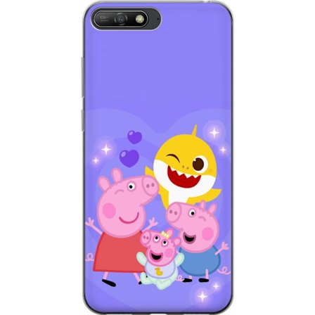 Kompatibel Mobilcover til Huawei Y6 (2018) Peppa Gris mønster med hjerter, sommerfugle og venner, lyserød baggrund i bløde børneillustrationer