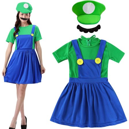 Luigi-asu, Luigi-puku, Bros, naamioasu, Naiset, Miehet, Asut jouluun, karnevaaliin, naamiaisiin Aikuinen-nainen-vihreä Adult-women-green