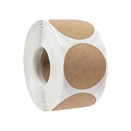 Rull med 500 brune runde dekorative klistremerker, blanke selvklebende etiketter for bakere og håndverksprosjekter, organisering, hermetisering, 