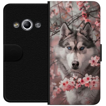 Kompatibelt Lommeboketui til Samsung Galaxy Xcover 3 Husky med blå øyne omgitt av rosa kirsebærblomster - elegant, vakkert og naturinspirert motiv.