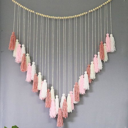 Seinälle ripustettava suuri vaaleanpunainen puuvillahapsuista tehty koriste, värikäs syntymäpäiväkoriste, juhlatausta, joulukoriste makuuhuoneeseen, 