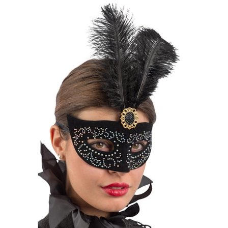 Ansiktsmask - Black velvet mask with silver and feathers