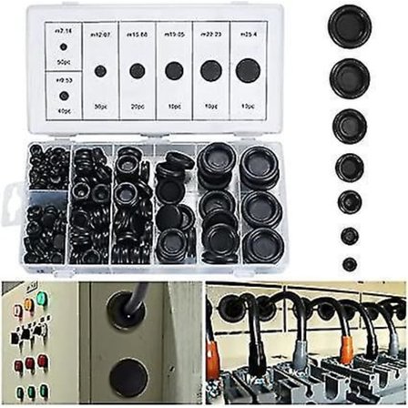 170 stk Gummibussninger Ledningspakningsett 7 Størrelser Svart Hullpluggsett