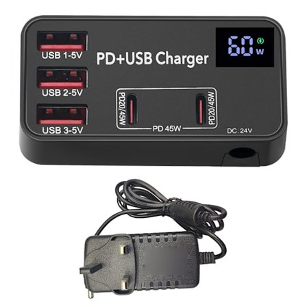 USB laddare, 60W 5-portars USB laddningsstation för stationär dator med 3x USB port + 2x Type-C-port AC100-240V 50/60Hz breda spänningar