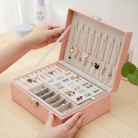 Smykkeboks (rosa) for kvinner, reisesmykkeboks i lær med lås