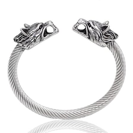 Dubbel varghuvud armband, amulett nordiskt armband, herr armband i titanstål