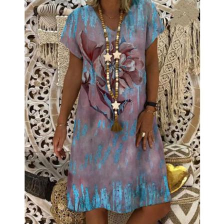 Kvinnors Boho V-ringad Blommig Shift Miniklänning Ladies Summer Casual