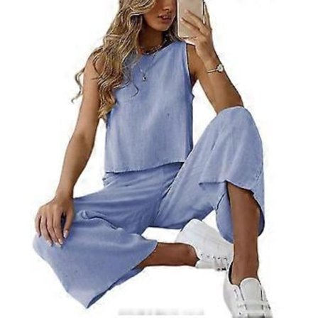hmwy-dam loungewear ärmlös linne breda ben långbyxor set (3XL Ljusblå)