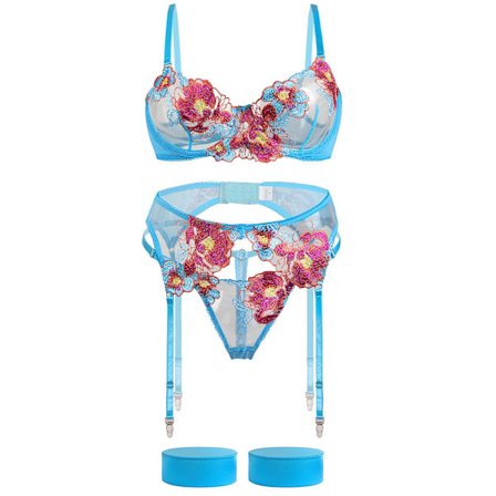 Lingerisæt til kvinder, blomsterbroderet 4-delt blondebøjle-bh med G-streng og strømpebåndssæt til romantiske lejligheder (M)