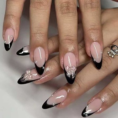 Påsætningsnegle Medium Perle Sorte Kunstige Negle Mandelformet Blank 3D Falske Negletipper Franske Kunstige Negle Fingermanicure til Kvinder og Piger,