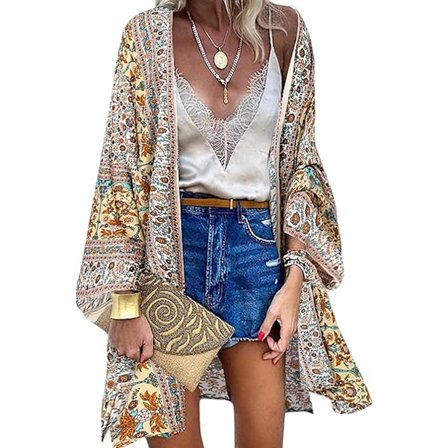 Kimono Cardigan för Dam Bohemisk Blommig Tryck Strandöverdrag 3/4 Ärm Chiffong Bikini Sarong Sjal Toppar