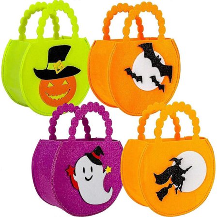 Halloween Godispåsar för Barn, Halloween Väskor i Filt med Handtag, 4 Söta Halloween Bus eller Godis Väskor, Halloween Godispåsar, Halloween Tygväskor