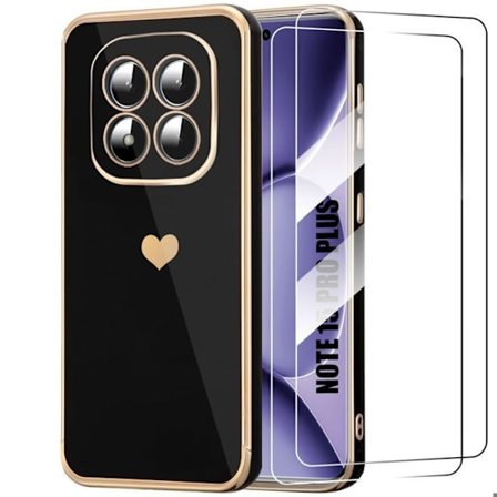 Cover til Xiaomi Redmi Note 15 Pro Plus 5G, Hjerte Mønster TPU Stødabsorberende - Sort - 2 Tempered Glass