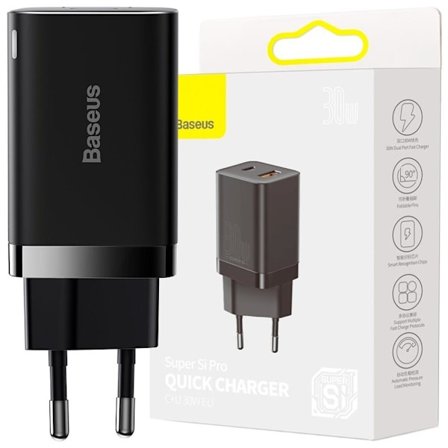 Baseus Super Si Pro rask USB / USB Type C-lader 30 W Strømforsyning Hurtiglading svart (CCSUPP-E01)