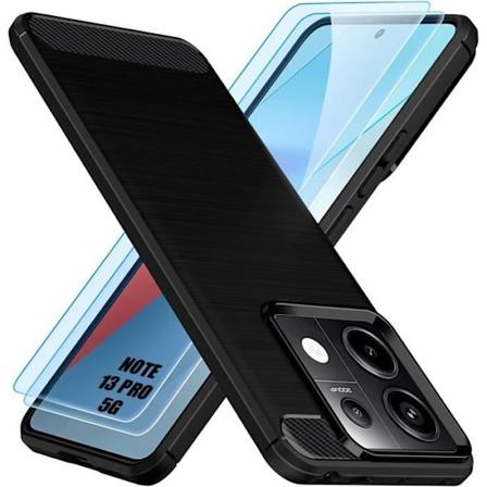 Etui og 2 hærdede briller til Xiaomi Redmi Note 13 Pro 5G (ikke til 4G), sort kulfiber stødsikker beskyttelse Svart