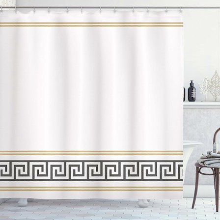 Abstrakti suihkuverho, yksinkertainen klassinen kreikkalaishenkinen kuvio monokromaattisessa designissa, kangaskylpyhuonesetti koukuilla, valkoinen ja