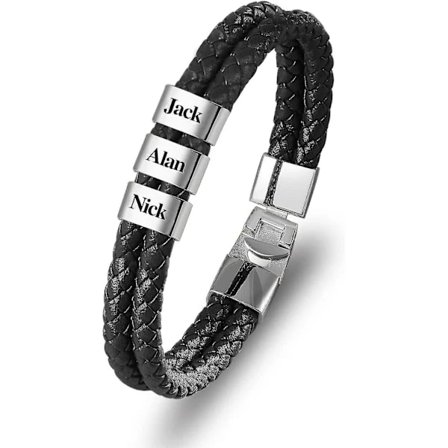 Personligt Läderarmband för Män Silver Svart Namn Pärlor Charm Armband, A