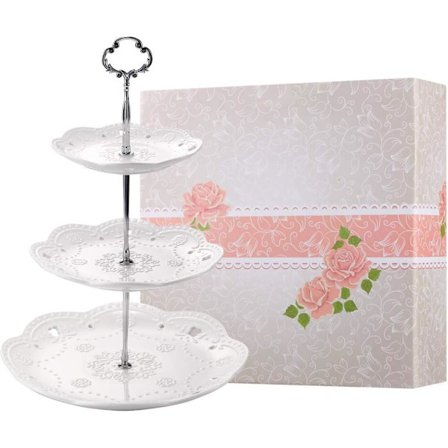 Tre-etagers kageopsats i porcelæn, elegant hvid præget kageopsats, kageopsats