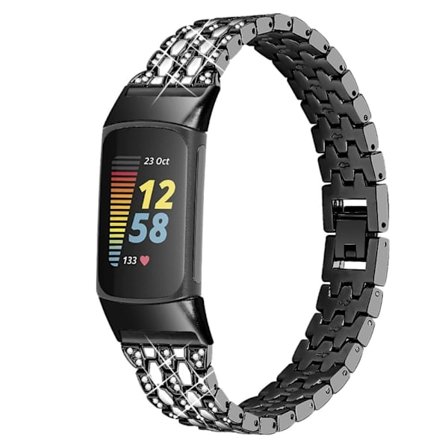 Fitbit Charge 5 klockarmband med tre rader strassstenar - Svart / Vit