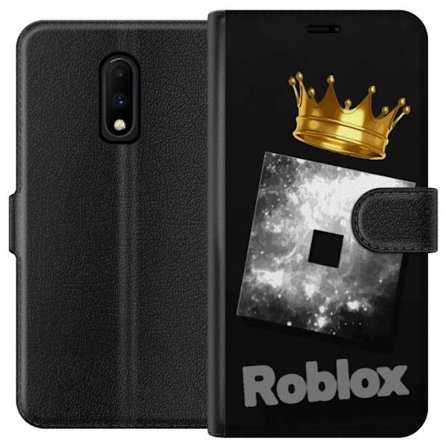 Kompatibel Tegnebogsetui til OnePlus OnePlus 7 Minimalistisk sort og sølvfarvet Roblox-symbol med gylden krone og luksuriøs gamer-æstetik på mørk