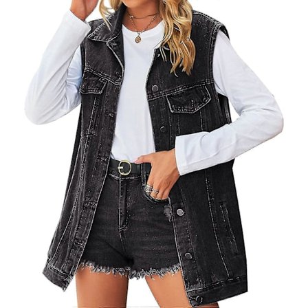 Dame Denim Jakke Ærmeløs Knap Ned Jean Vest Midt Lang Vest
