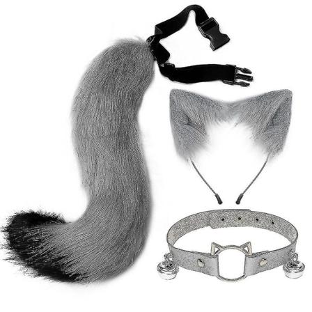 Luddiga kattöron räv svans klocka krage halsband set Halloween fest accessoarer Lolita simulering päls plysch huvudbonad cosplay rekvisita Grey