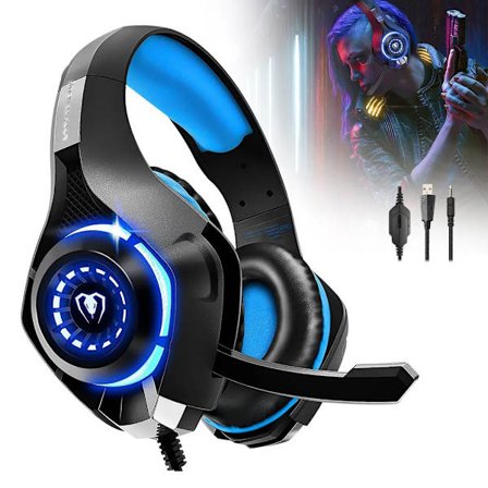 Gaming Headset för PS5 PS4 Xbox Series PC, Over-Ear 3.5mm Deep Heavy Bass Stereo Surround Sound PS5 Headset med brusreducerande mikrofon och LED-ljus